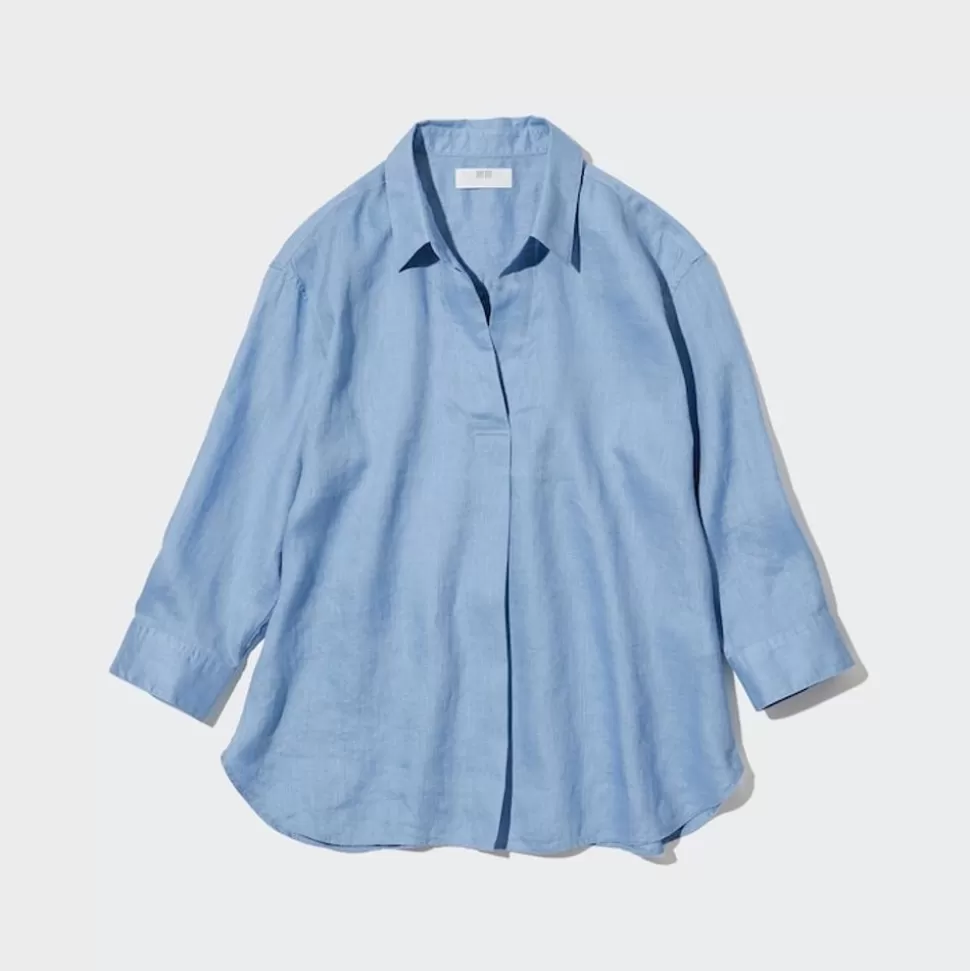 UNIQLO Hemden & Blusen*100 % Premium Leinen 3/4-Arm Bluse Mit Skipper-Kragen