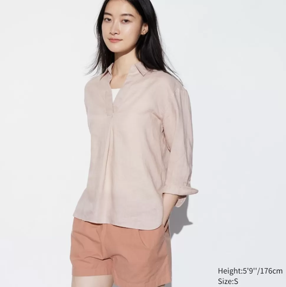 UNIQLO Hemden & Blusen*100 % Premium Leinen 3/4-Arm Bluse Mit Skipperkragen