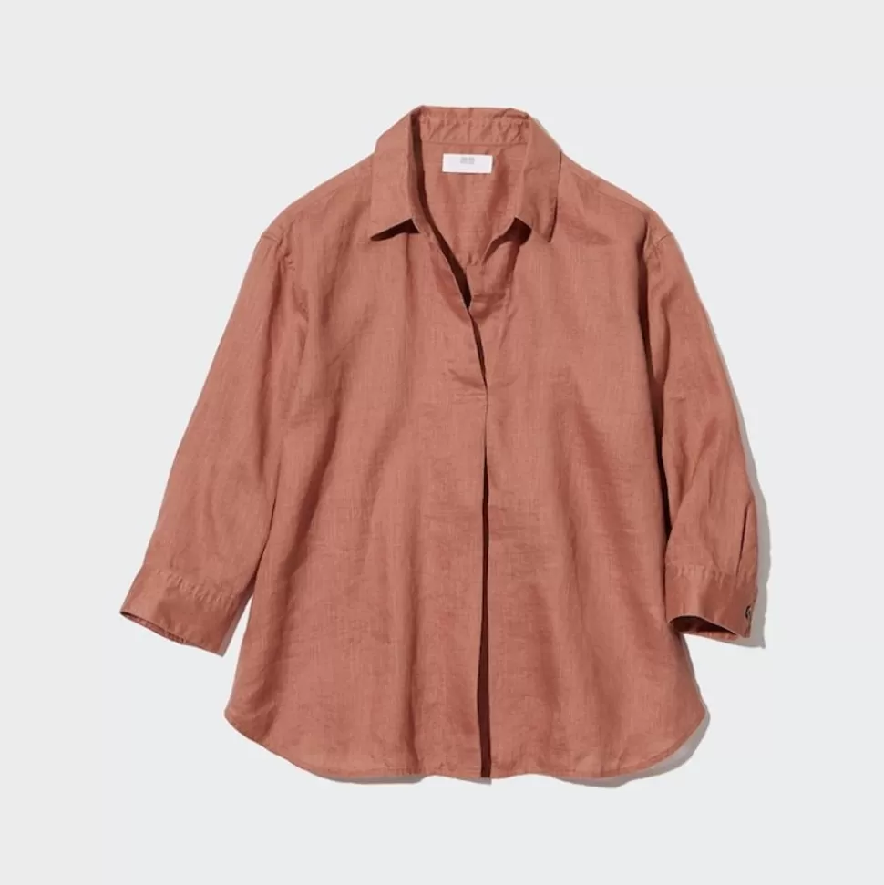 UNIQLO Hemden & Blusen*100 % Premium Leinen 3/4-Arm Bluse Mit Skipper-Kragen