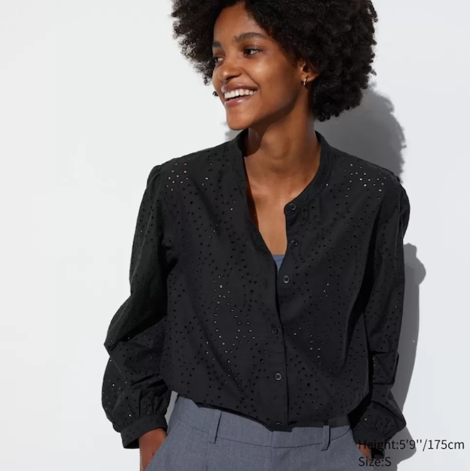 UNIQLO Hemden & Blusen*Baumwolle Langarm Bluse Mit Stickerei