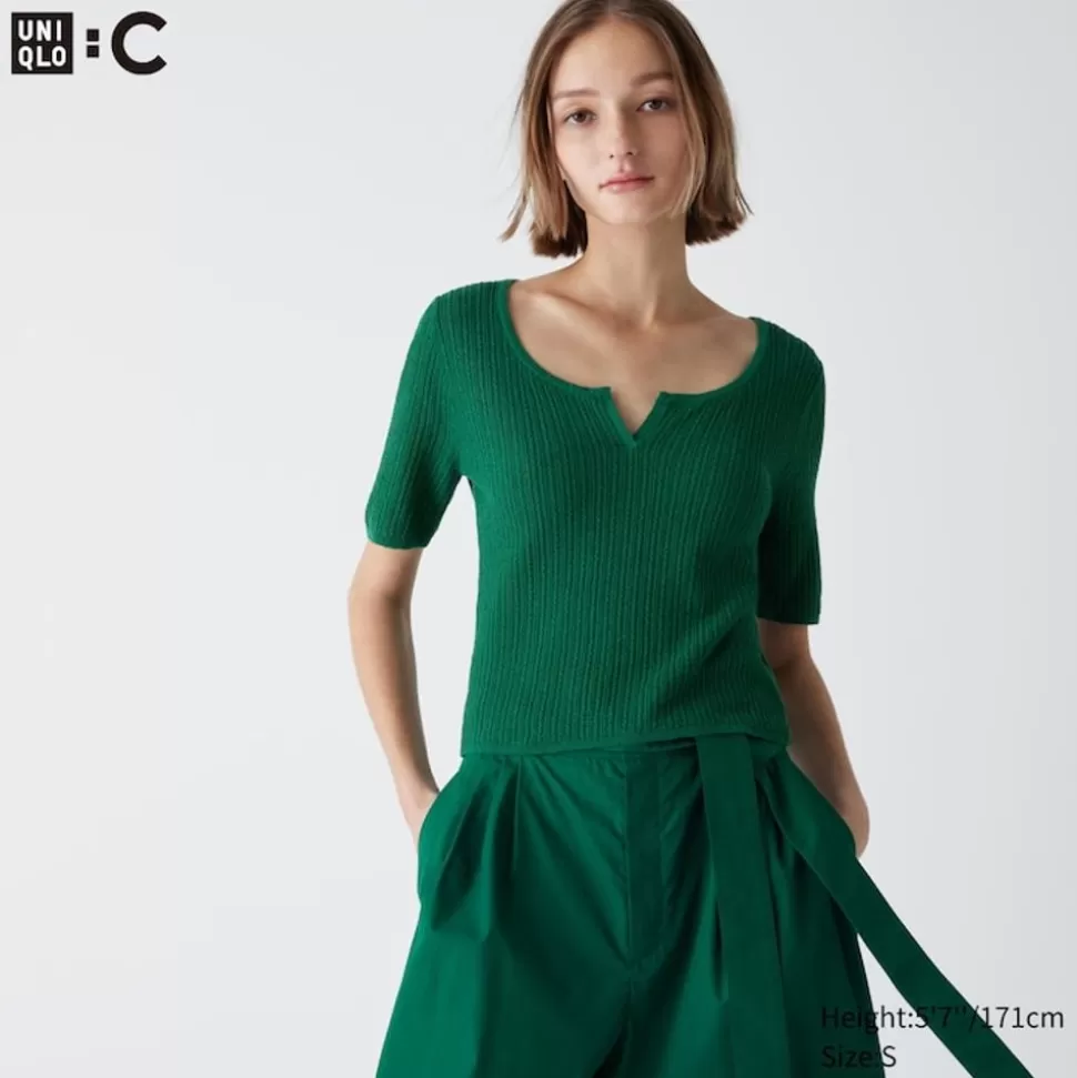 UNIQLO T-Shirts & Oberteile*Cropped Halbarm Pullover Mit Spitze Und Schlussellochausschnitt