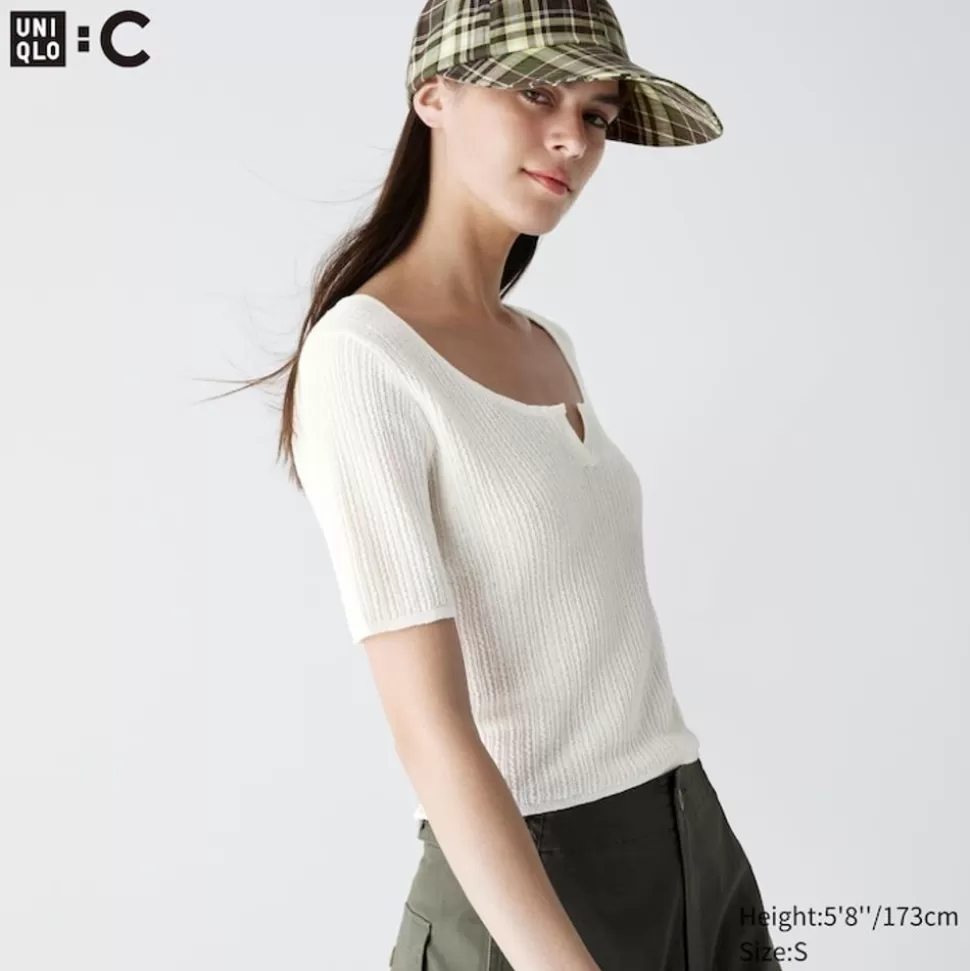 UNIQLO T-Shirts & Oberteile*Cropped Halbarm Pullover Mit Spitze Und Schlussellochausschnitt