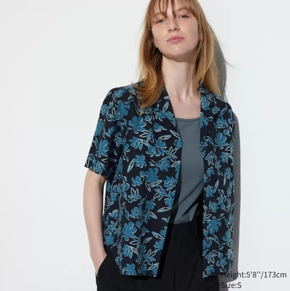 UNIQLO Hemden & Blusen*Gemusterte Leinenmix Kurzarm Bluse Mit Offenem Kragen