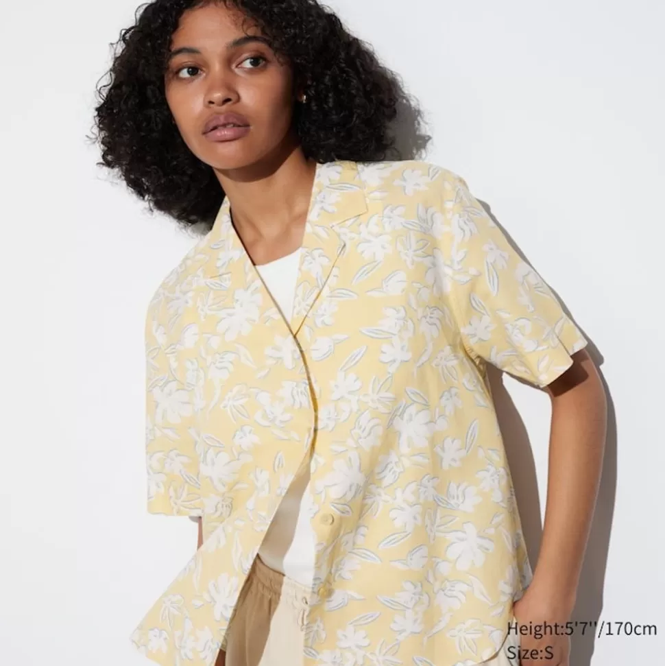 UNIQLO Hemden & Blusen*Gemusterte Leinenmix Kurzarm Bluse Mit Offenem Kragen