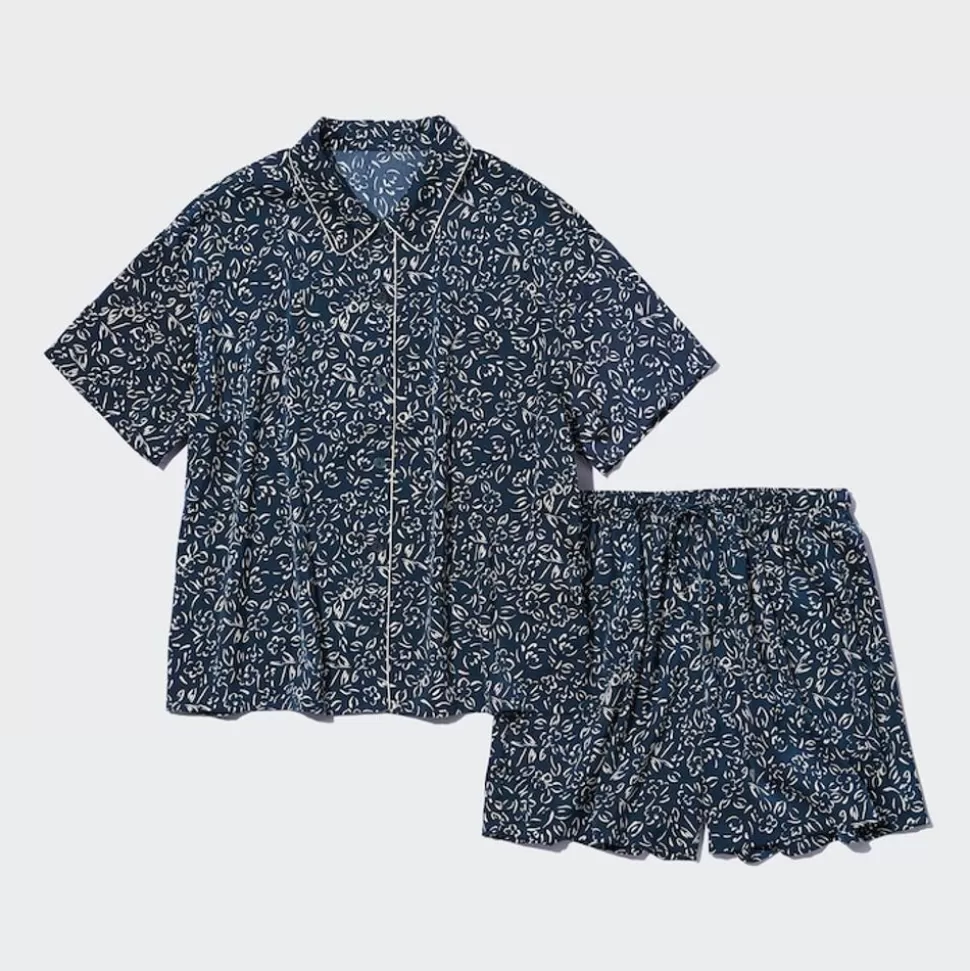 UNIQLO Loungewear & Pyjamas*Gemusterter Satin Kurzarm Pyjama Dunkelblau
