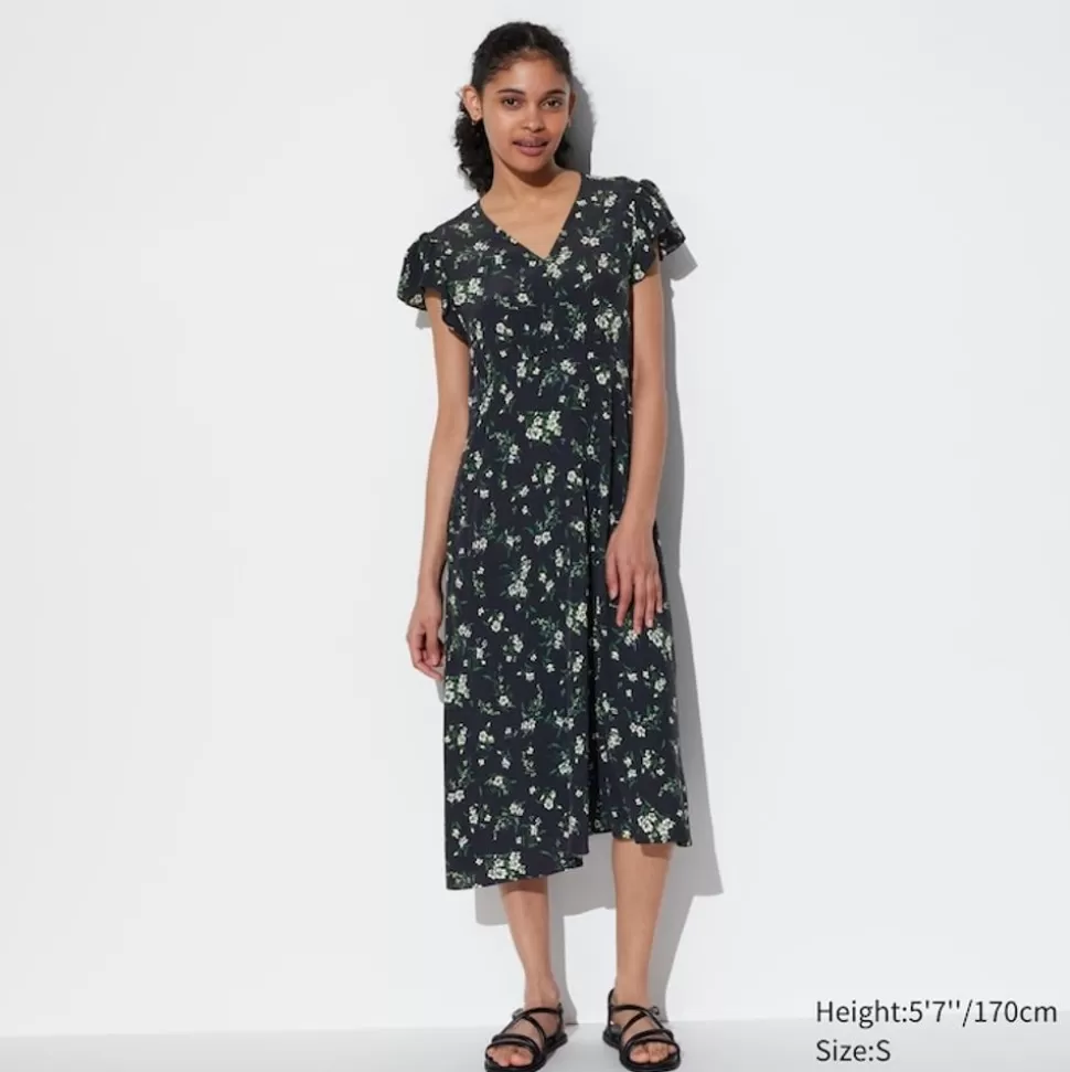 UNIQLO Kleider, Jumpsuits & Overalls*Gemustertes Kurzarm Kleid Mit V-Ausschnitt
