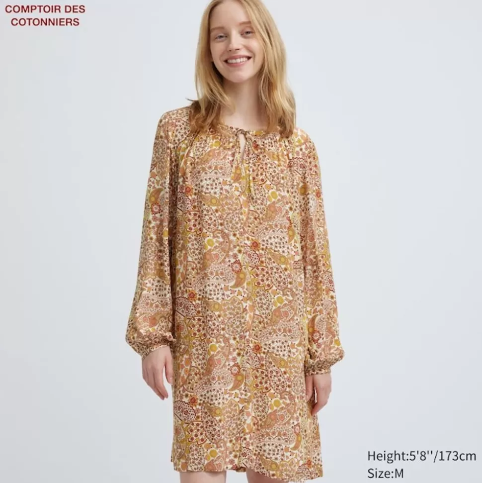 UNIQLO Kleider, Jumpsuits & Overalls*Gemustertes Viskose Langarm Kleid Braun