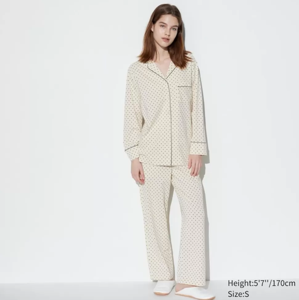 UNIQLO Loungewear & Pyjamas*Gepunkteter Airism Baumwolle Langarm Pyjama Natural