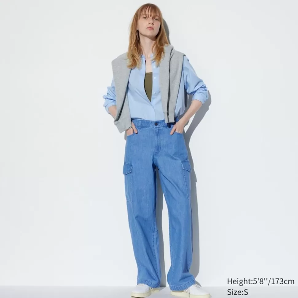 UNIQLO Hosen, Leggings & Jogginghosen*Gerade Cargo Jeans (Wide Fit, Lang) Blau