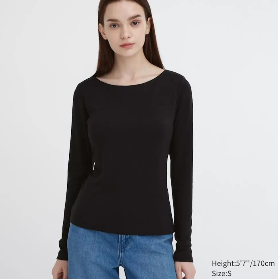 UNIQLO Bh-Tops, Tanktops & Trägertops*Geripptes Heattech Thermo Bh-Langarmshirt Mit Weitem Rundhalsausschnitt Schwarz