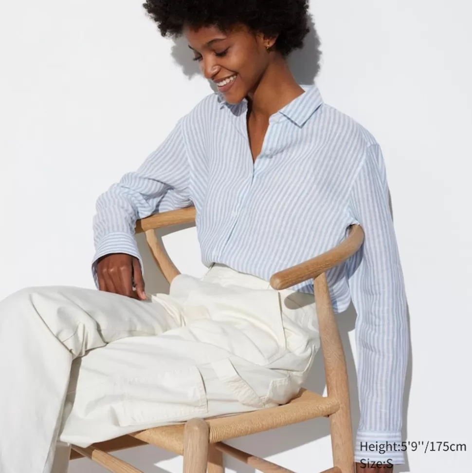 UNIQLO Hemden & Blusen*Gestreifte 100 % Premium Leinen Langarm Bluse