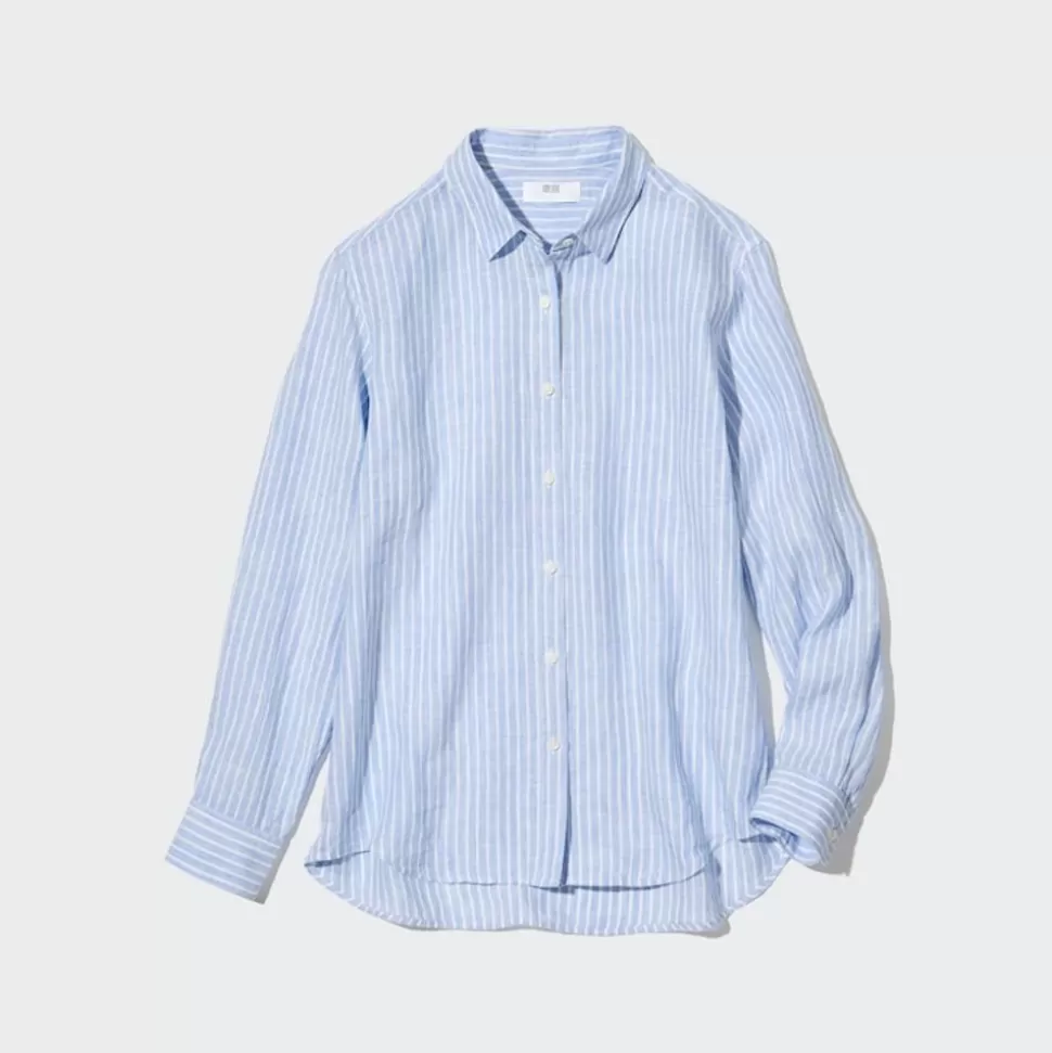 UNIQLO Hemden & Blusen*Gestreifte 100 % Premium Leinen Langarm Bluse