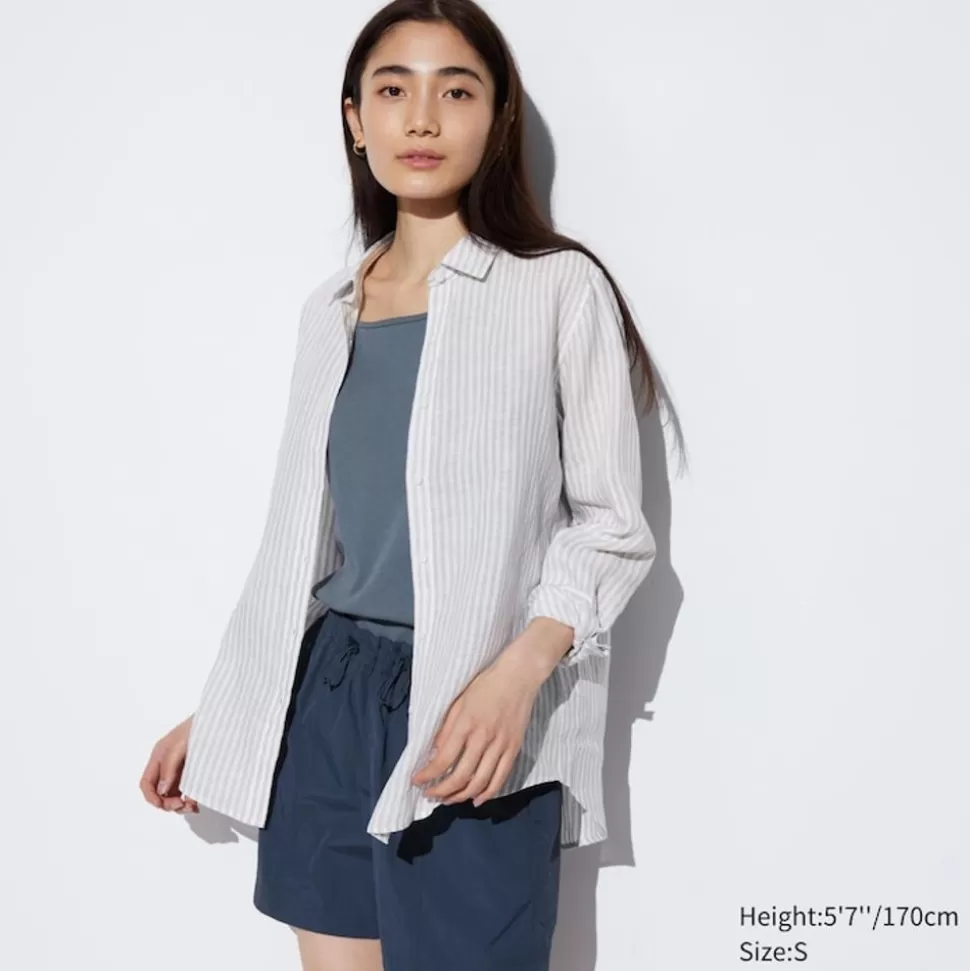UNIQLO Hemden & Blusen*Gestreifte 100 % Premium Leinen Langarm Bluse