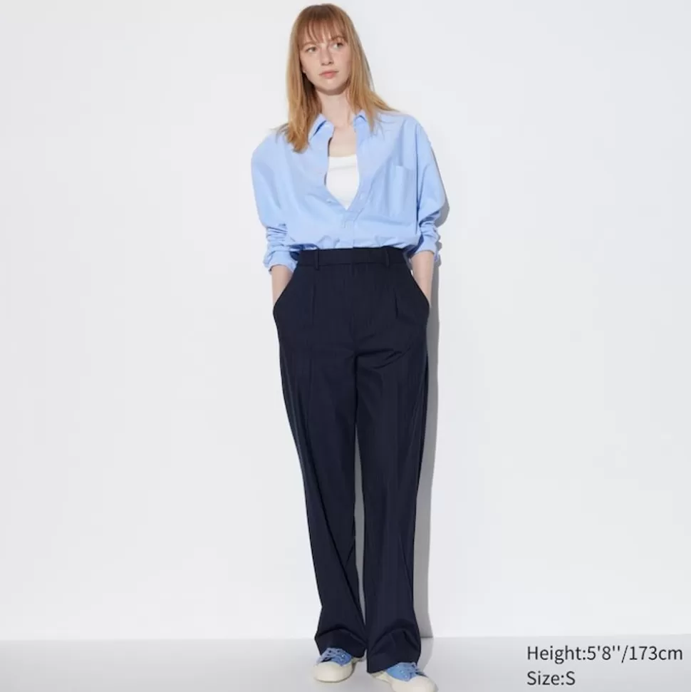 UNIQLO Hosen, Leggings & Jogginghosen*Gestreifte Bundfaltenhose (Wide Fit, Lang) Dunkelblau