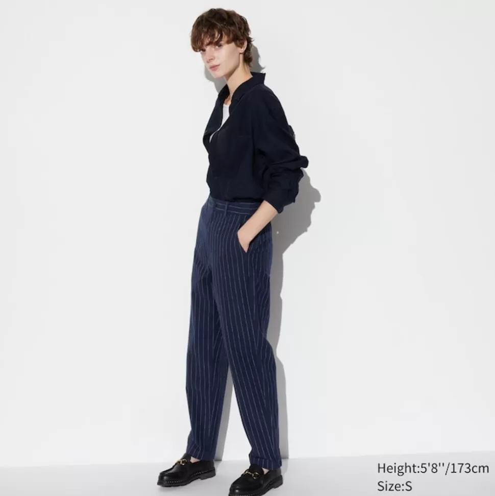 UNIQLO Hosen, Leggings & Jogginghosen*Gestreifte Leinen Baumwolle Hose (Tapered Fit, Lang)