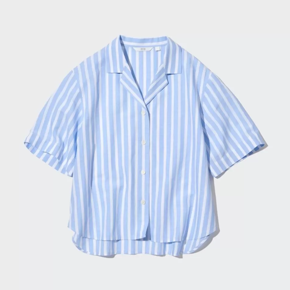 UNIQLO Hemden & Blusen*Gestreifte Leinen Baumwolle Langarm Bluse Mit Offenem Kragen