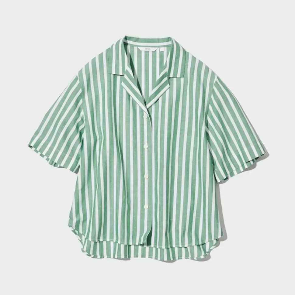 UNIQLO Hemden & Blusen*Gestreifte Leinen Baumwolle Langarm Bluse Mit Offenem Kragen