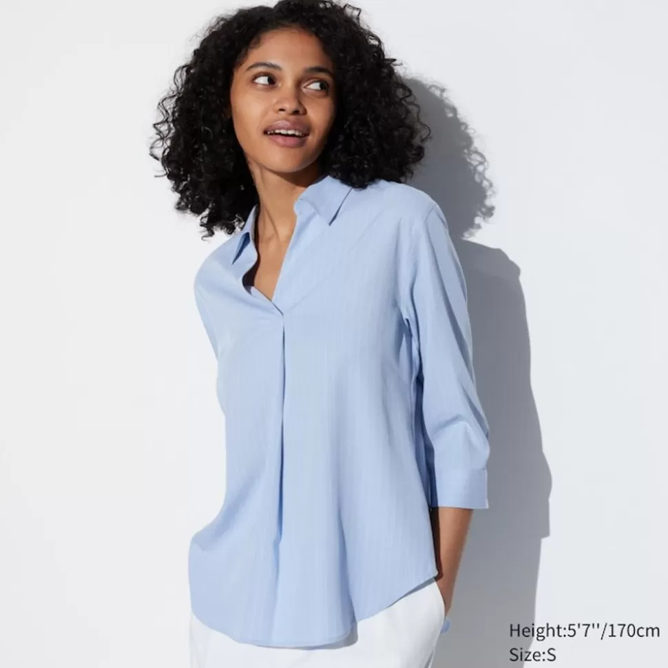 UNIQLO Hemden & Blusen*Gestreifte Viskose 3/4-Arm Bluse Mit Skipperkragen