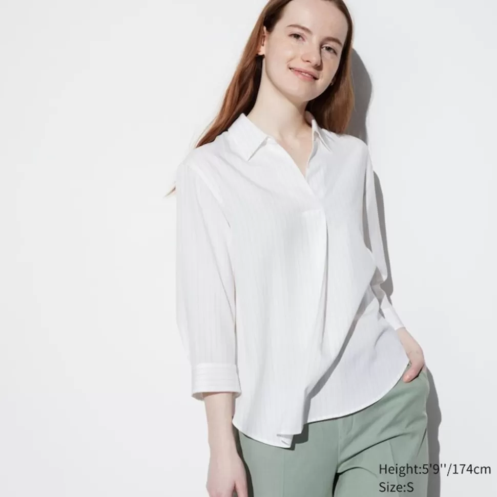 UNIQLO Hemden & Blusen*Gestreifte Viskose 3/4-Arm Bluse Mit Skipperkragen