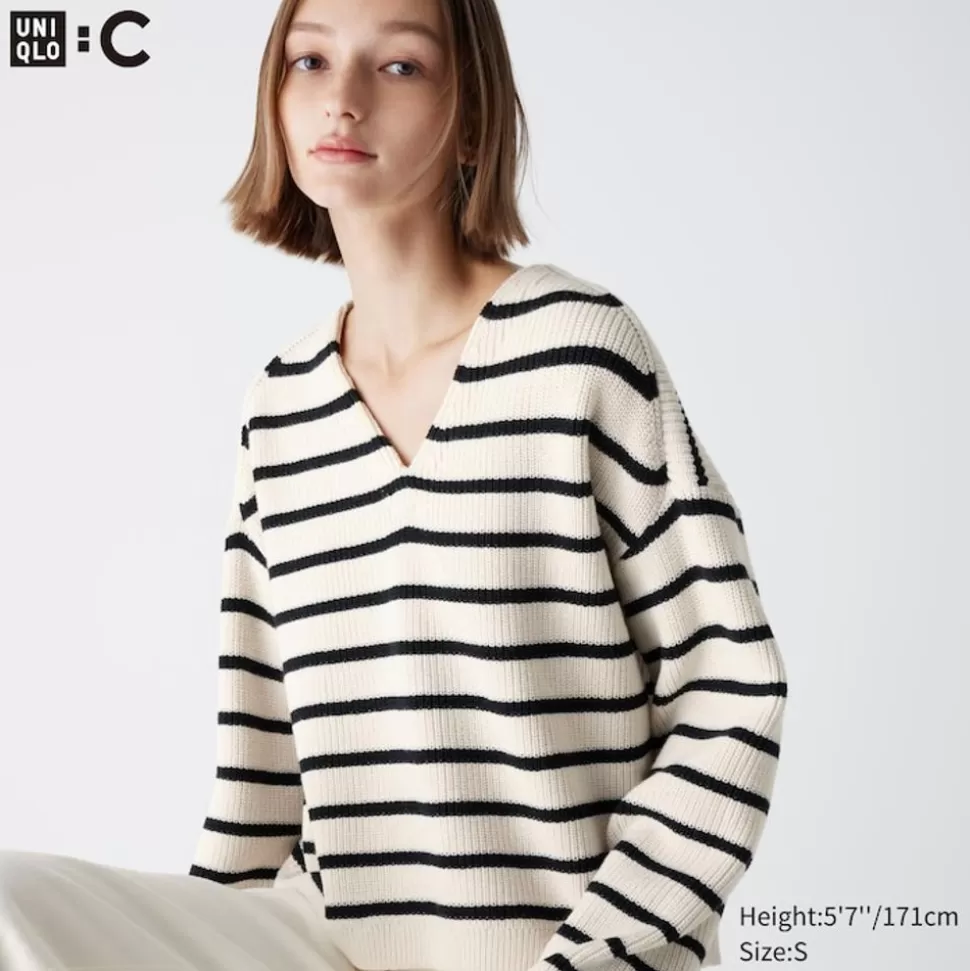 UNIQLO Pullover & Strickjacken*Gestreifter Cropped Pullover Mit V-Ausschnitt