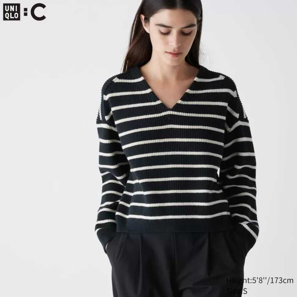 UNIQLO Pullover & Strickjacken*Gestreifter Cropped Pullover Mit V-Ausschnitt