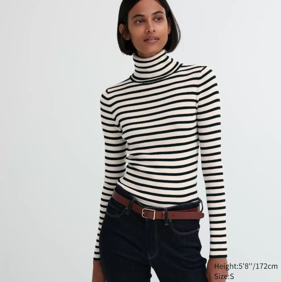 UNIQLO Pullover & Strickjacken*Gestreifter Gerippter 100 % Extra Feine Merinowolle Rollkragenpullover Grauweis