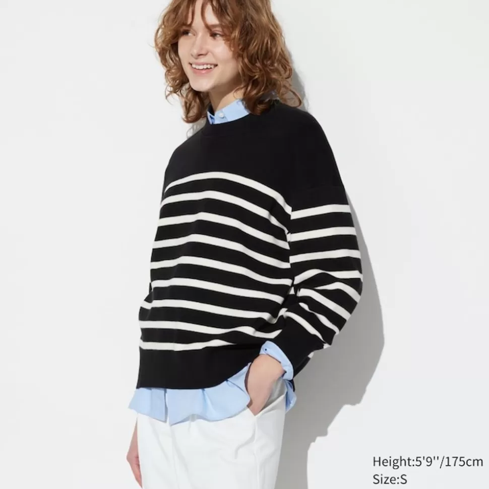 UNIQLO Pullover & Strickjacken*Gestreifter Sanfter Baumwolle Pullover (Relaxed Fit) Schwarz