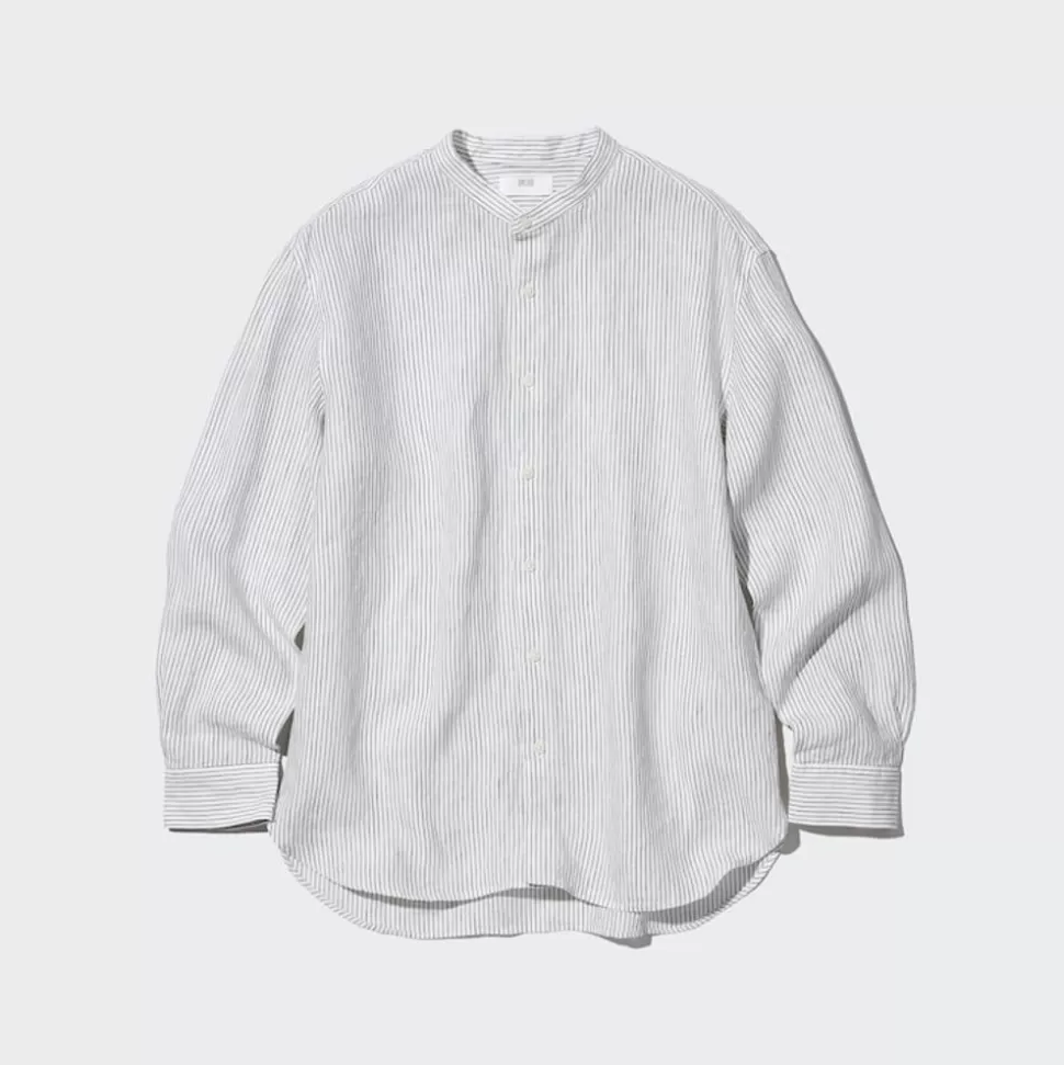 UNIQLO Hemden*Gestreiftes 100 % Premium Leinen Langarm Hemd Mit Stehkragen Blau