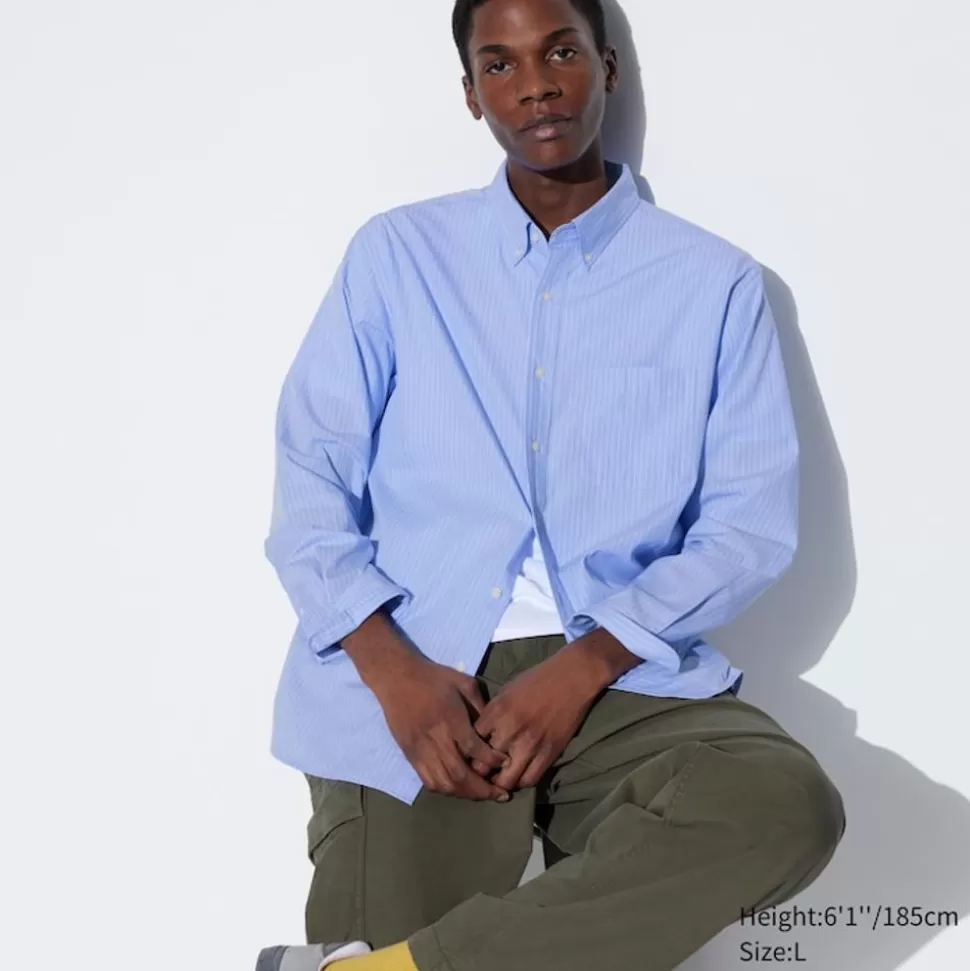 UNIQLO Hemden*Gestreiftes Extra Feine Baumwolle Langarm Hemd Blau