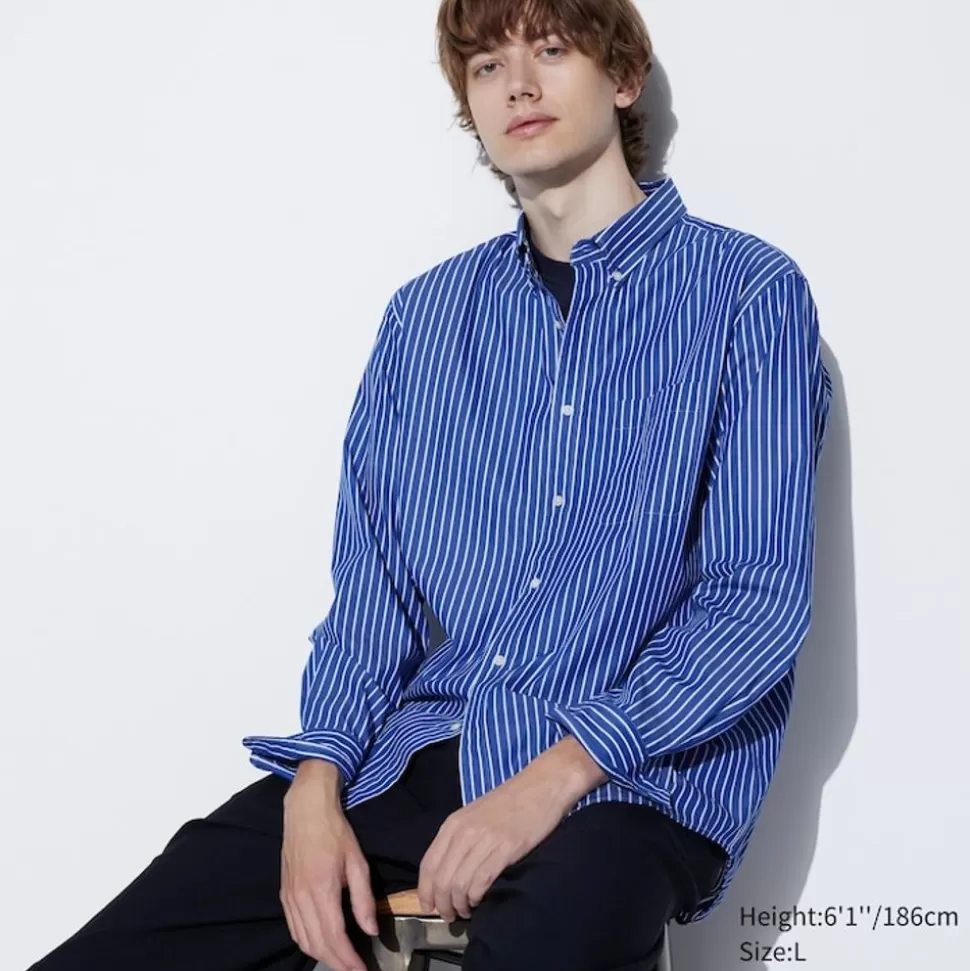 UNIQLO Hemden*Gestreiftes Extra Feine Baumwolle Langarm Hemd Blau