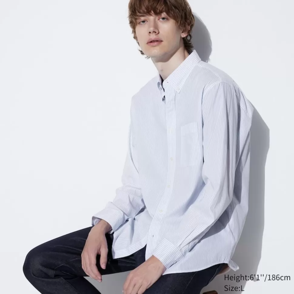 UNIQLO Hemden*Gestreiftes Extra Feine Baumwolle Langarm Hemd Blau