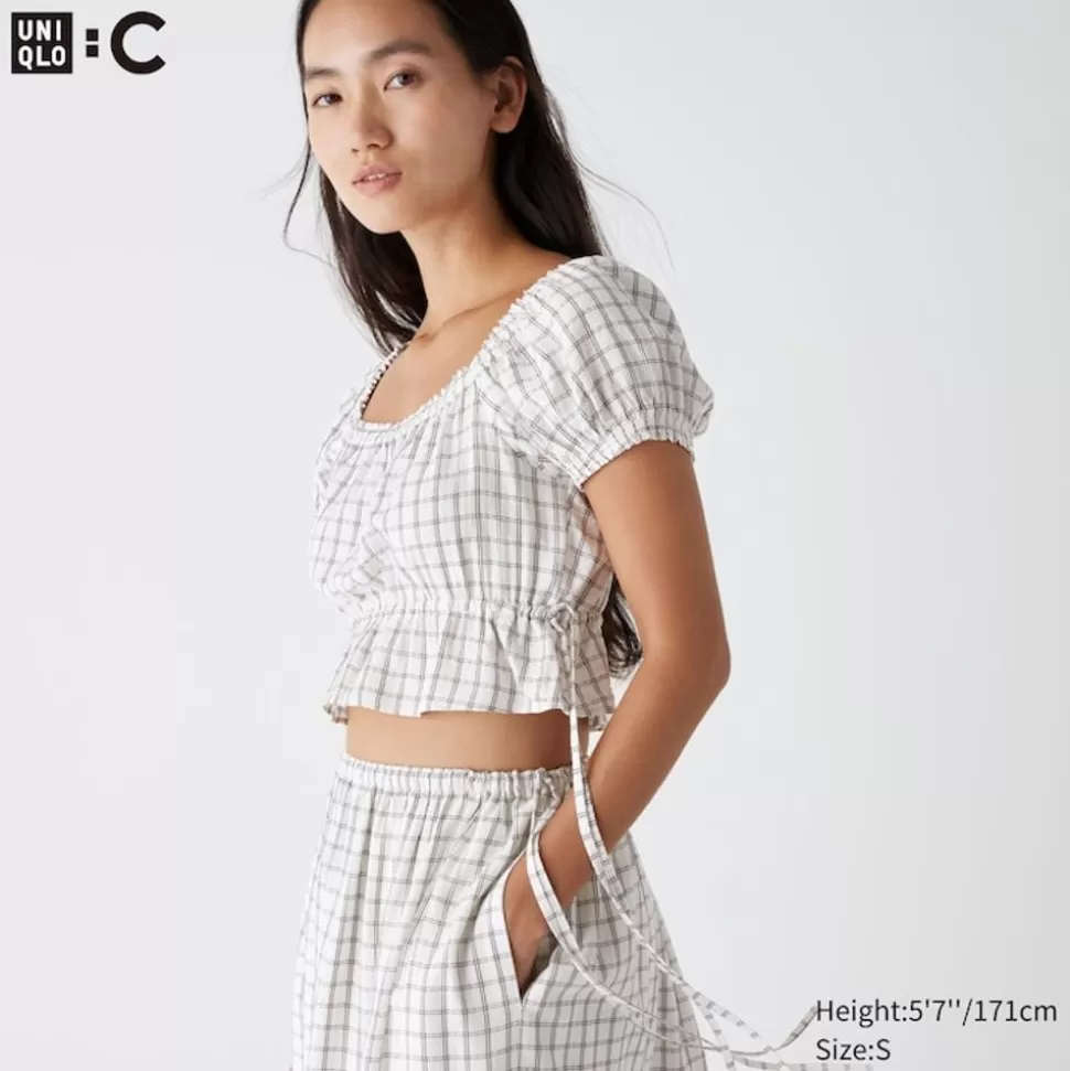UNIQLO Hemden & Blusen*Karierte Geraffte Cropped Kurzarm Bluse