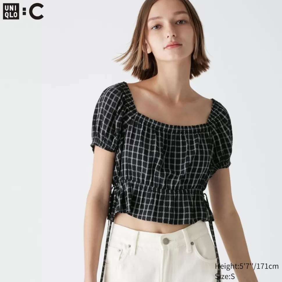 UNIQLO Hemden & Blusen*Karierte Geraffte Cropped Kurzarm Bluse
