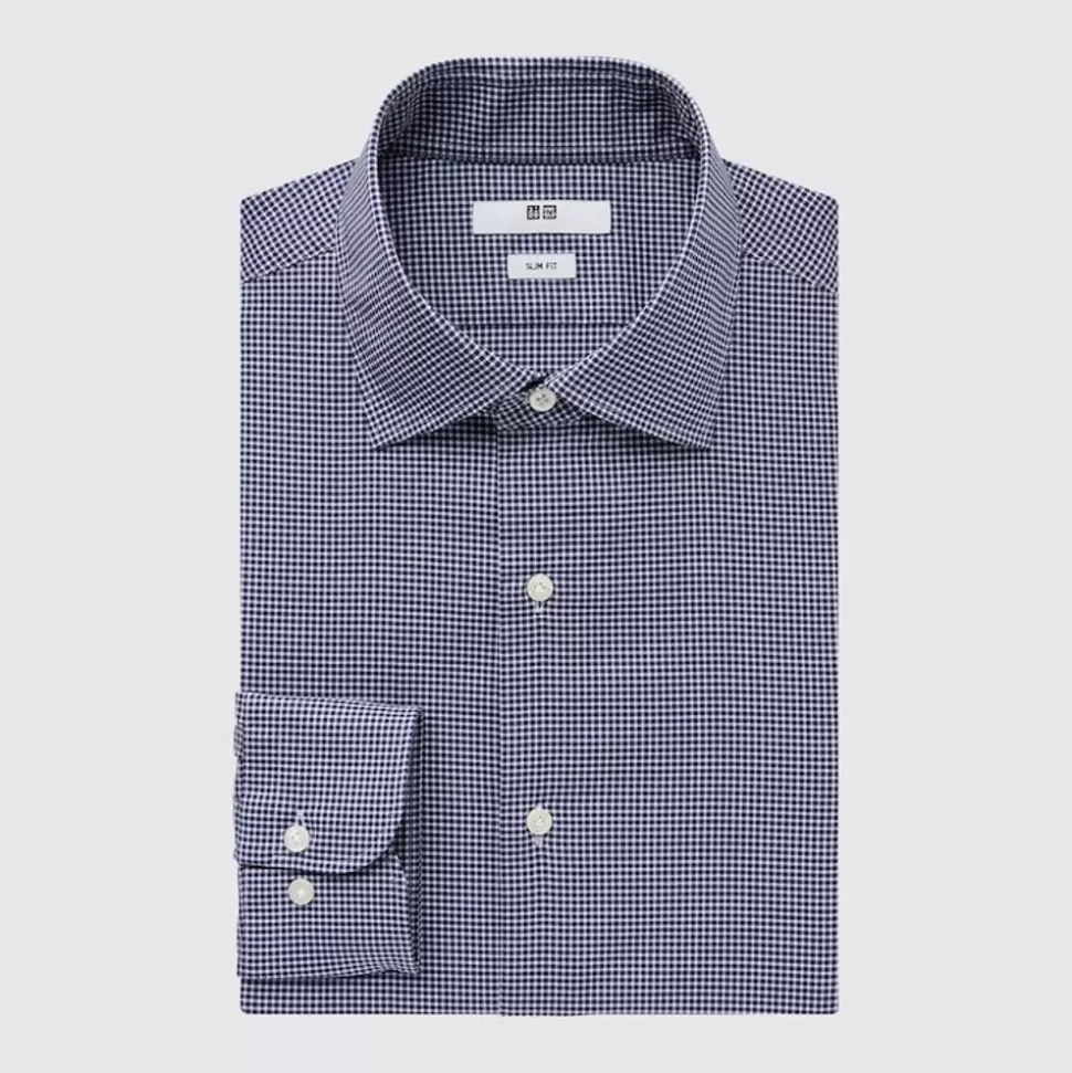 UNIQLO Hemden*Kariertes Easy Care Langarm Hemd (Slim Fit) Dunkelblau