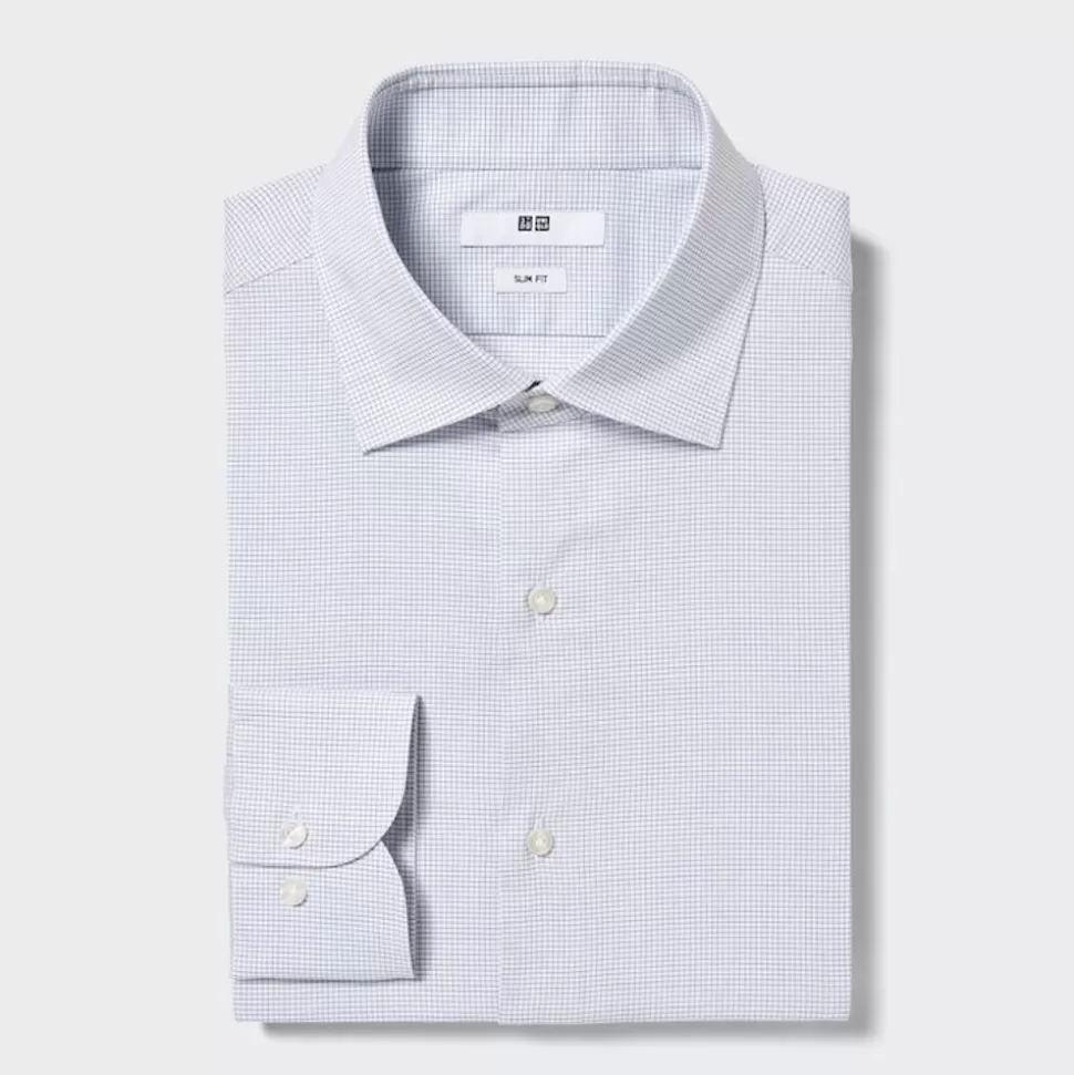 UNIQLO Hemden*Kariertes Easy Care Stretch Langarm Hemd (Slim Fit) Blau