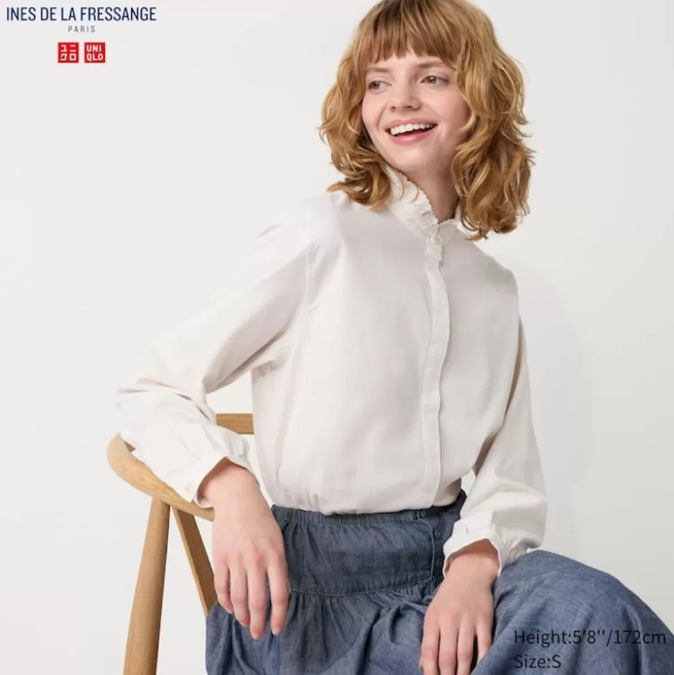 UNIQLO Hemden & Blusen*Kattun Langarm Bluse Mit Ruschen Grauweis