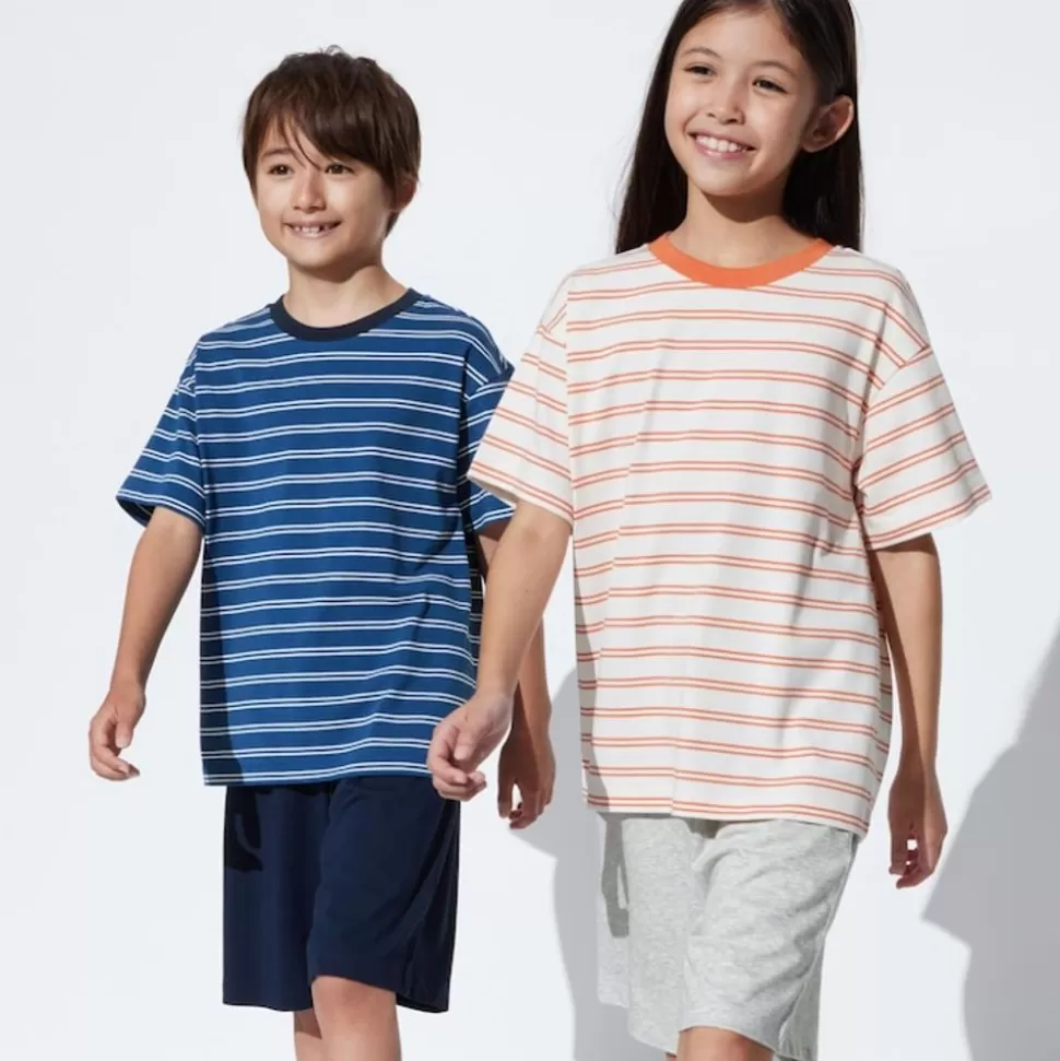 UNIQLO Airism Kuhlender Komfort*Kinder Gestreiftes Airism Baumwolle Kurzarm Lounge Set