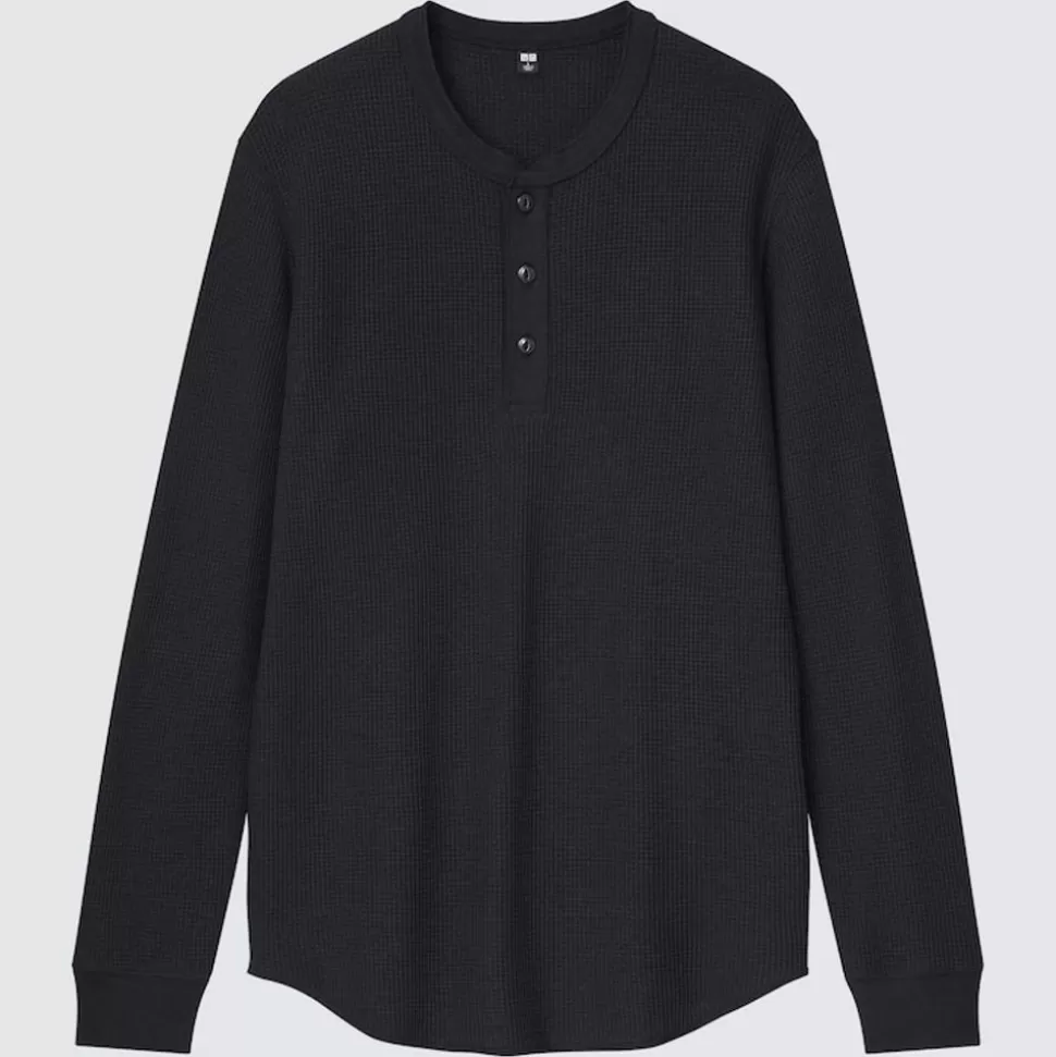 UNIQLO T-Shirts & Oberteile*Langarmshirt In Waffeloptik Mit Henley-Ausschnitt (Saison 2021) Schwarz