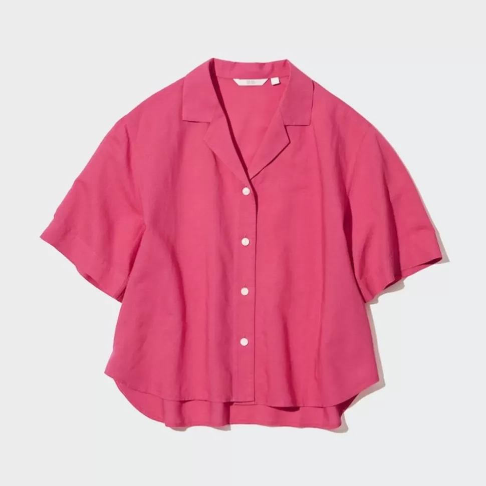 UNIQLO Hemden & Blusen*Leinen Mix Kurzarm Bluse Mit Offenem Kragen
