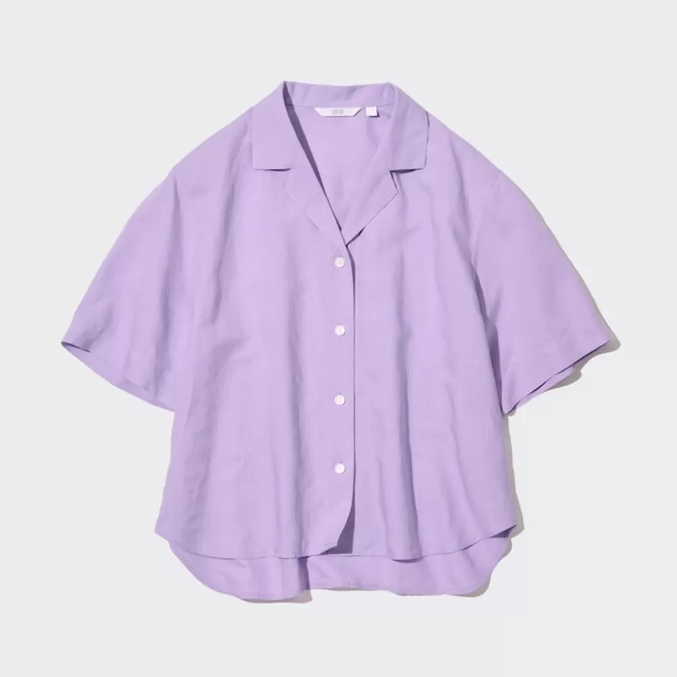UNIQLO Hemden & Blusen*Leinen Mix Kurzarm Bluse Mit Offenem Kragen
