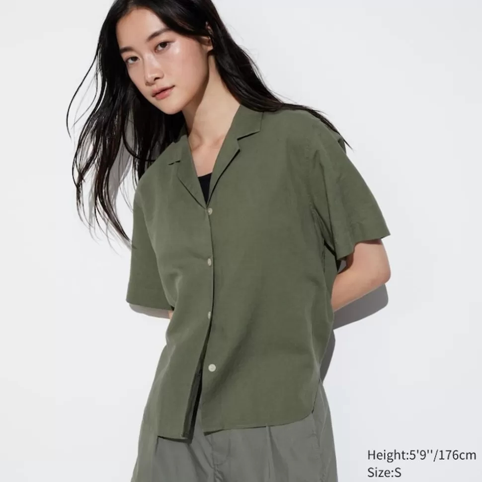 UNIQLO Hemden & Blusen*Leinenmix Kurzarm Bluse Mit Offenem Kragen