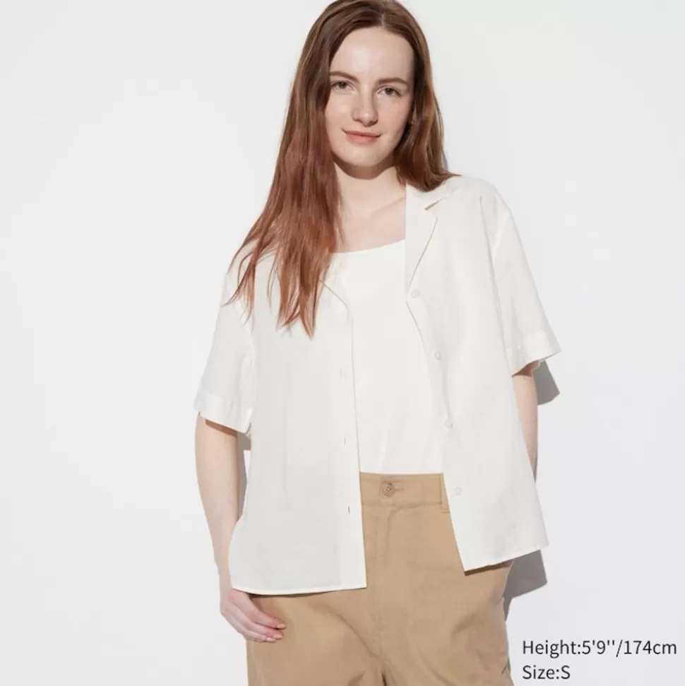 UNIQLO Hemden & Blusen*Leinenmix Kurzarm Bluse Mit Offenem Kragen