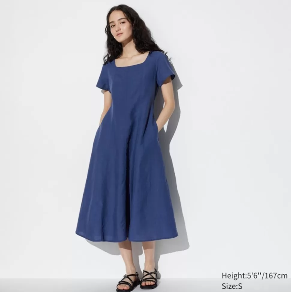 UNIQLO Kleider, Jumpsuits & Overalls*Leinenmix Kurzarm Kleid Mit Karree-Ausschnitt