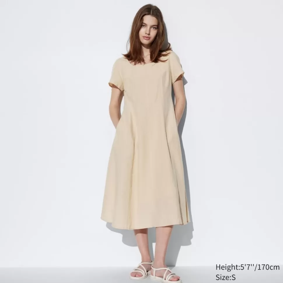 UNIQLO Kleider, Jumpsuits & Overalls*Leinenmix Kurzarm Kleid Mit Karree-Ausschnitt