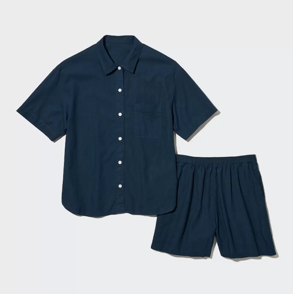 UNIQLO Loungewear & Pyjamas*Leinenmix Kurzarm Set Mit Shorts Blau