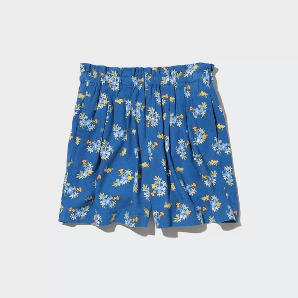 UNIQLO Naturlich Feines Leinen*Madchen Gemusterte Leinenmix Easy Shorts Blau