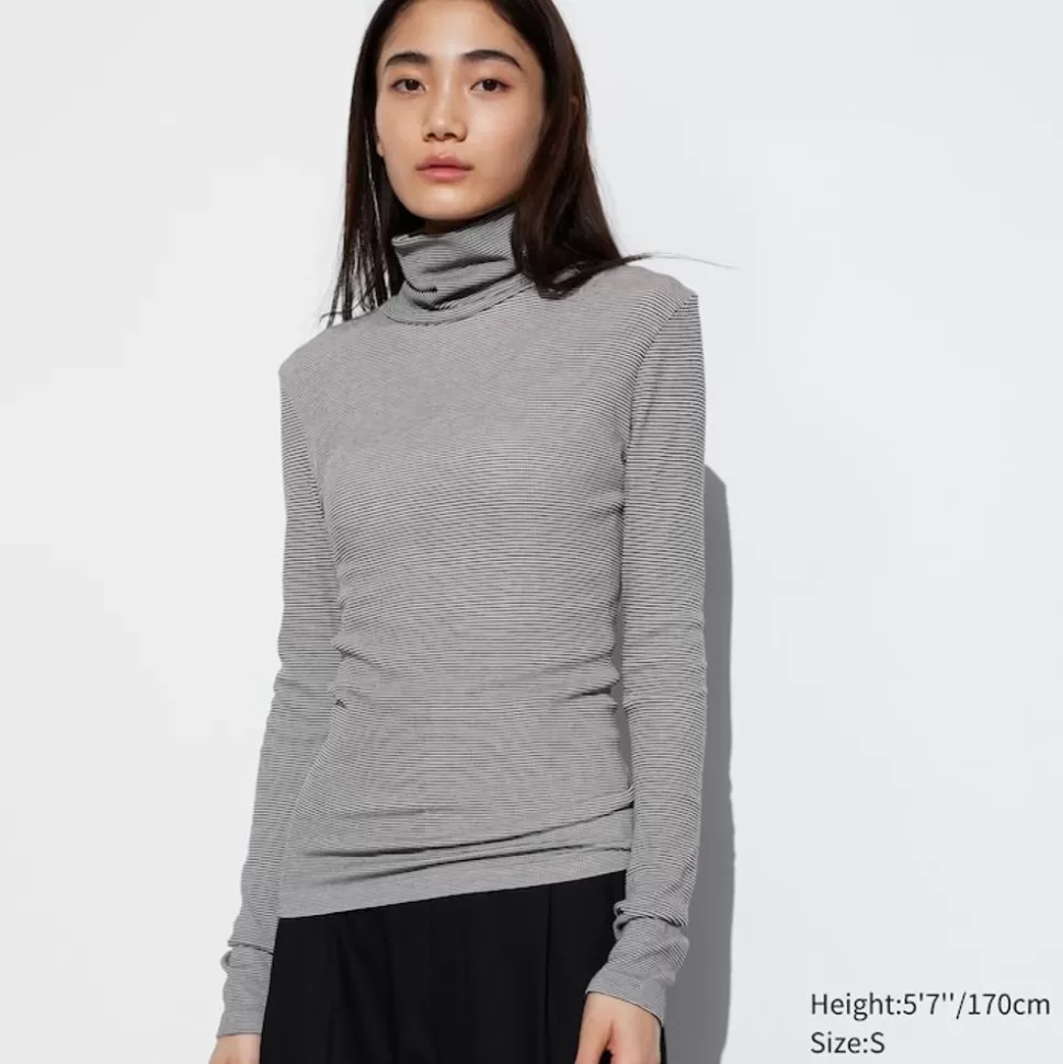 UNIQLO T-Shirts & Oberteile*Nahtloses Geripptes Gestreiftes Heattech Extra Warm Thermo Langarmshirt Grauweis