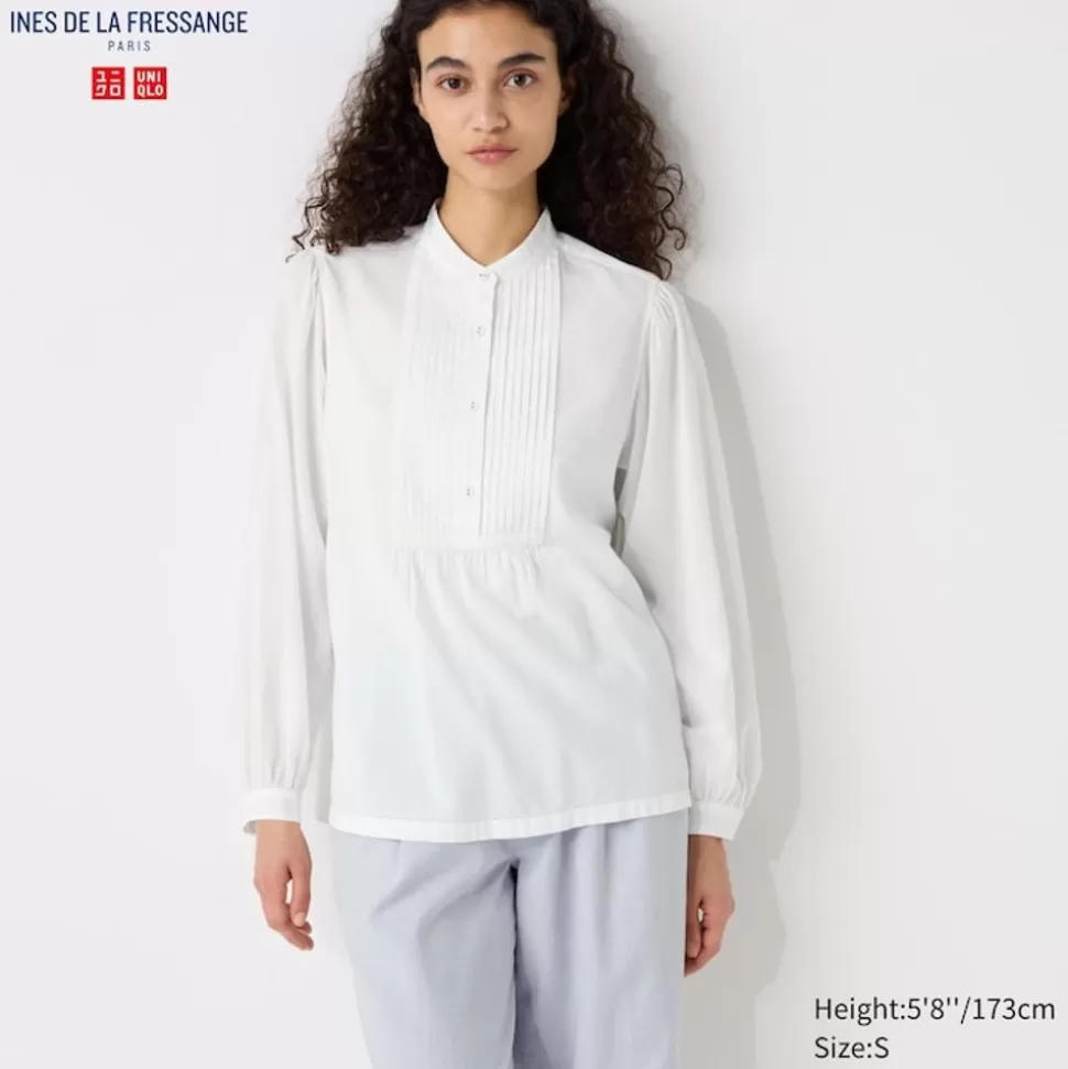 UNIQLO Hemden & Blusen*Seersucker Langarm Bluse Mit Biesen Weis