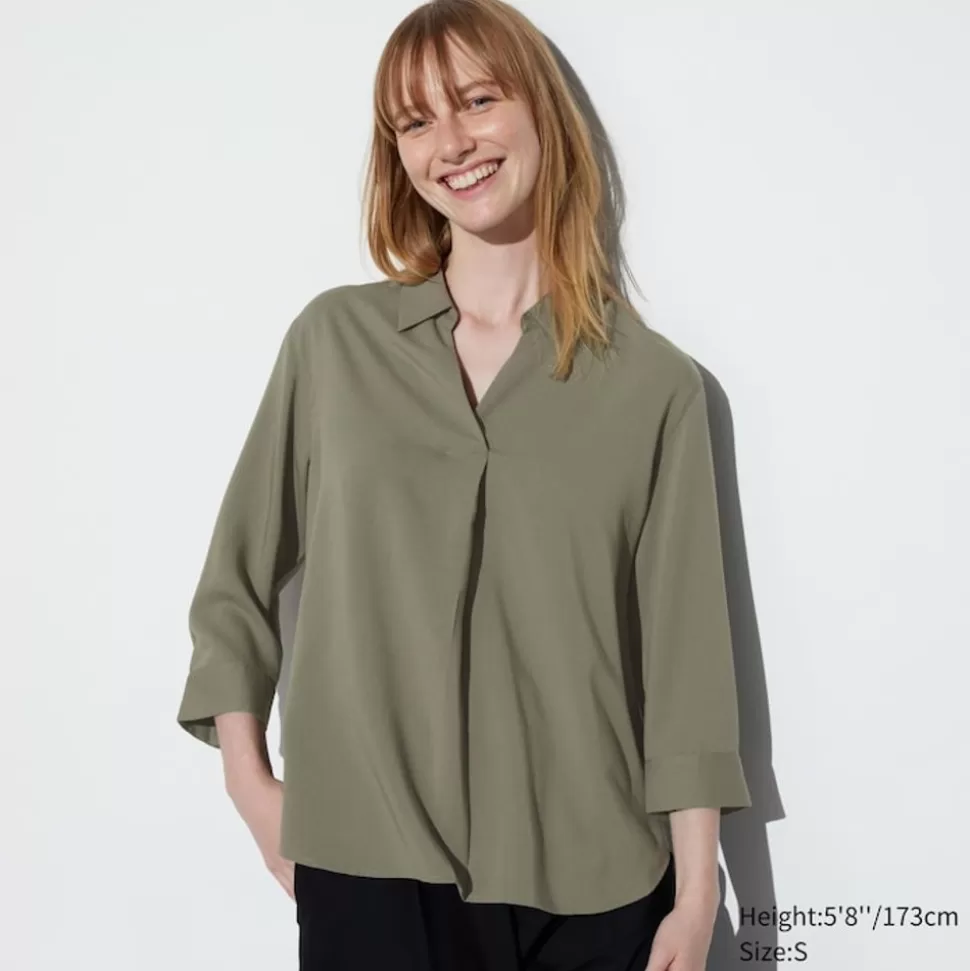 UNIQLO Hemden & Blusen*Viskose 3/4-Arm Bluse Mit Skipper-Kragen